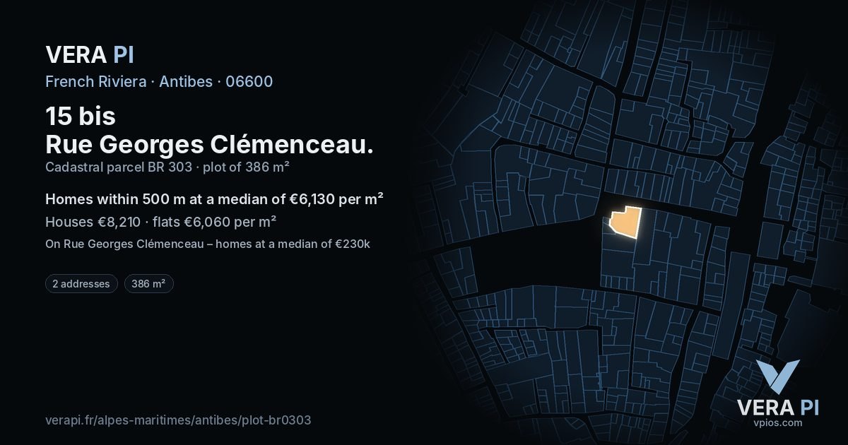 15 bis Rue Georges Clémenceau, Antibes at night – the plot lit, the parcels around coloured by the prices near them