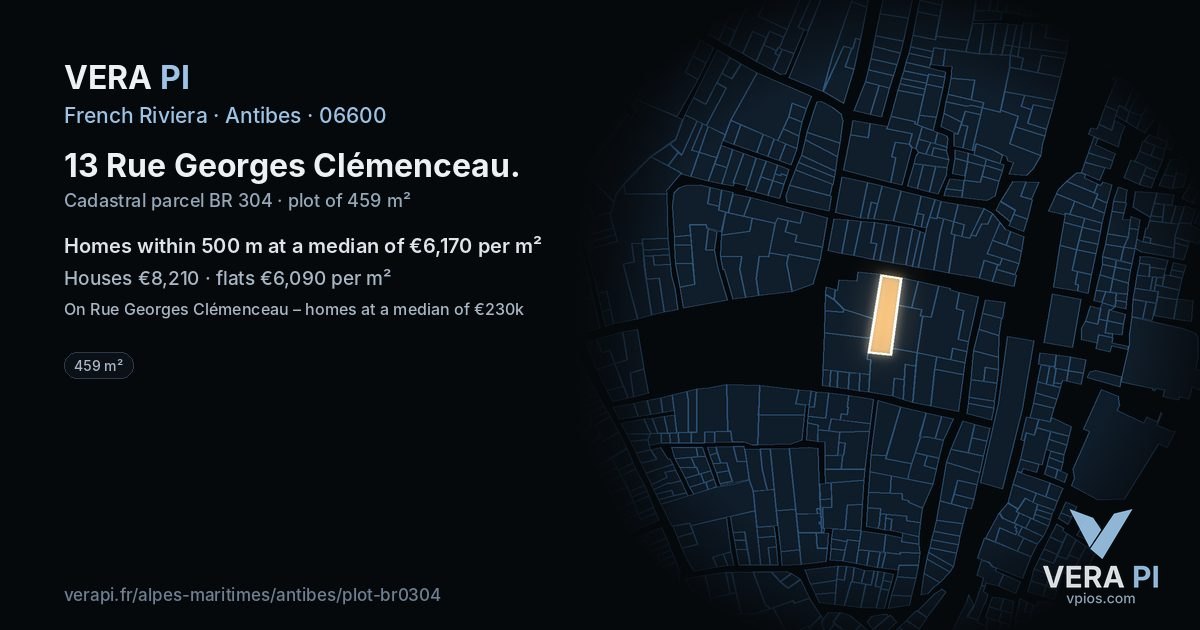 13 Rue Georges Clémenceau, Antibes at night – the plot lit, the parcels around coloured by the prices near them