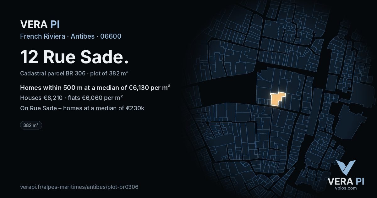 12 Rue Sade, Antibes at night – the plot lit, the parcels around coloured by the prices near them