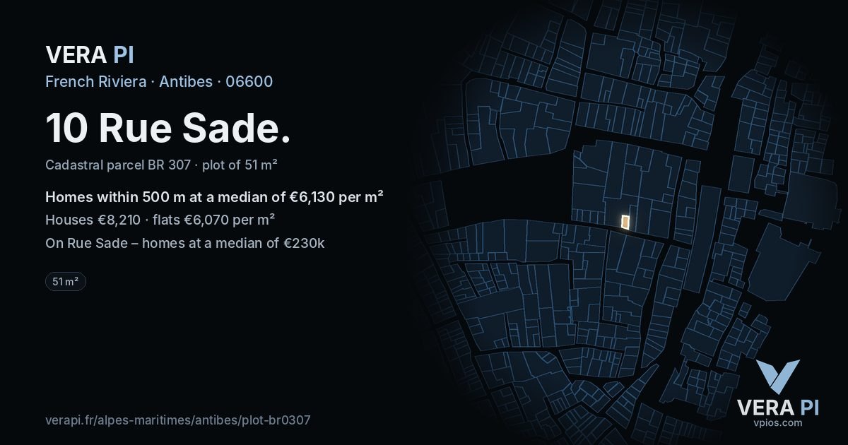 10 Rue Sade, Antibes at night – the plot lit, the parcels around coloured by the prices near them