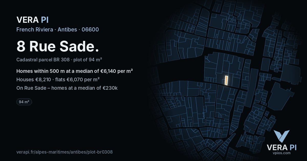 8 Rue Sade, Antibes at night – the plot lit, the parcels around coloured by the prices near them