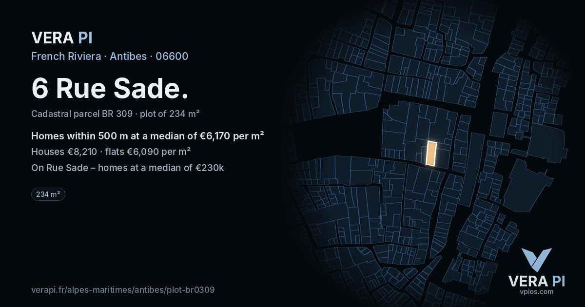 6 Rue Sade, Antibes at night – the plot lit, the parcels around coloured by the prices near them