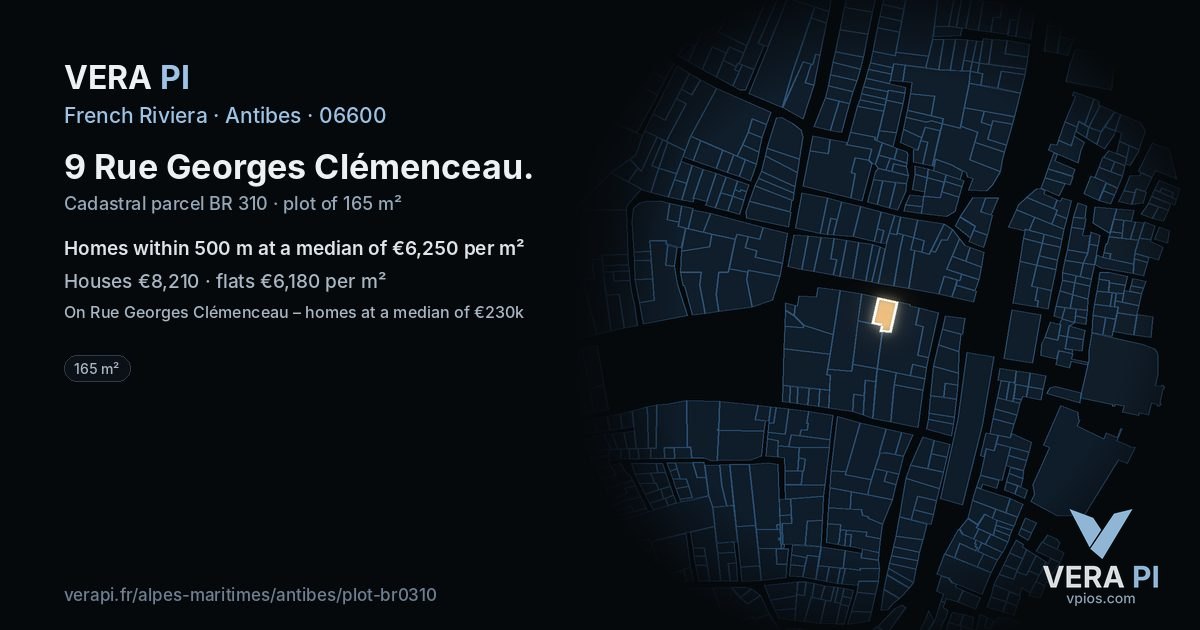 9 Rue Georges Clémenceau, Antibes at night – the plot lit, the parcels around coloured by the prices near them