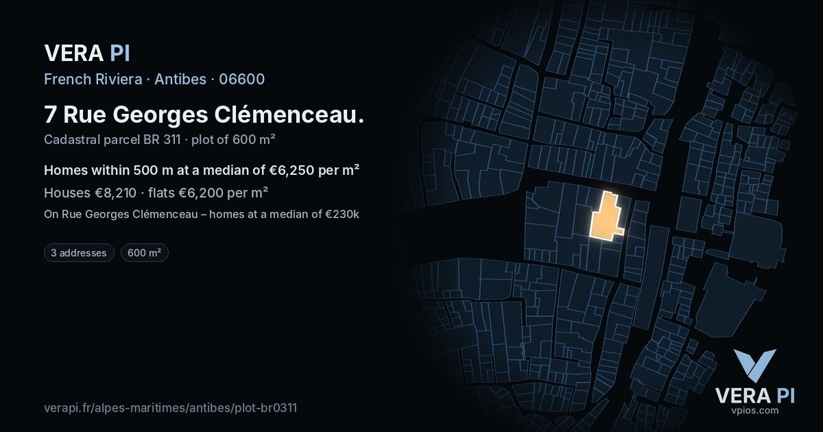 7 Rue Georges Clémenceau, Antibes at night – the plot lit, the parcels around coloured by the prices near them