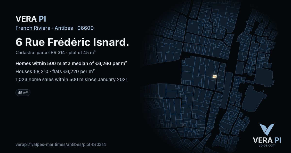 6 Rue Frédéric Isnard, Antibes at night – the plot lit, the parcels around coloured by the prices near them