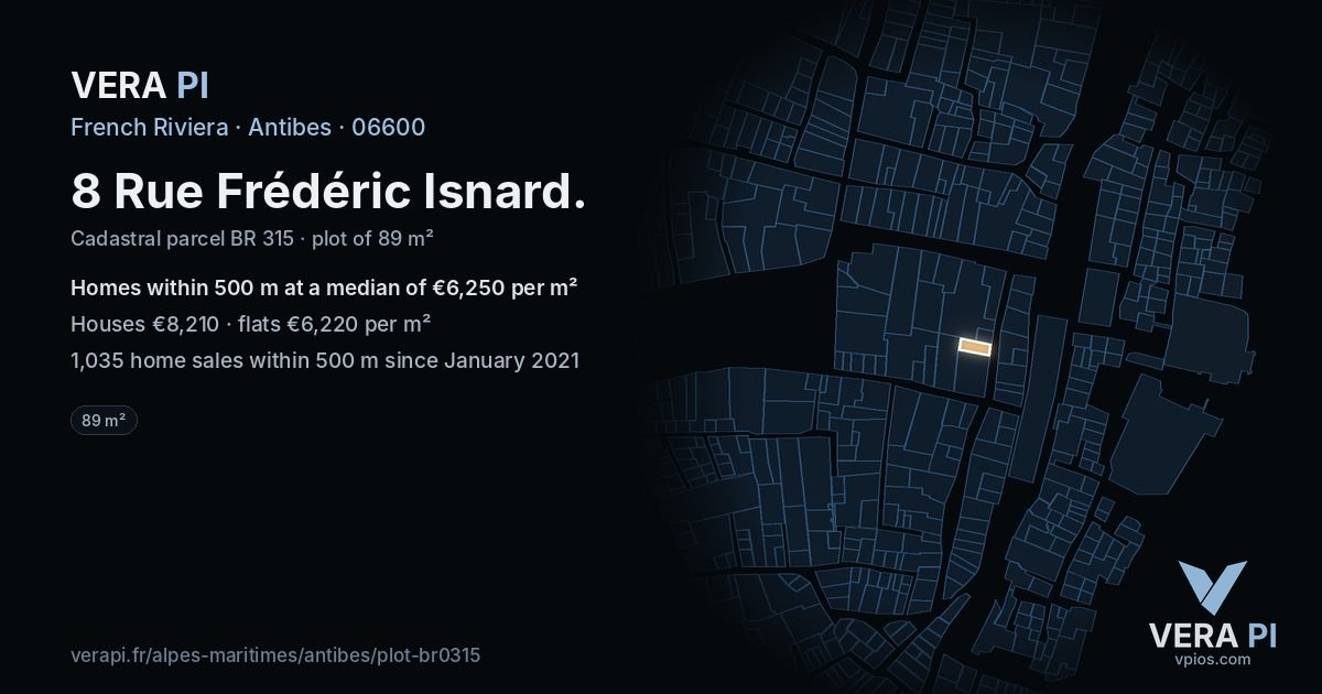 8 Rue Frédéric Isnard, Antibes at night – the plot lit, the parcels around coloured by the prices near them