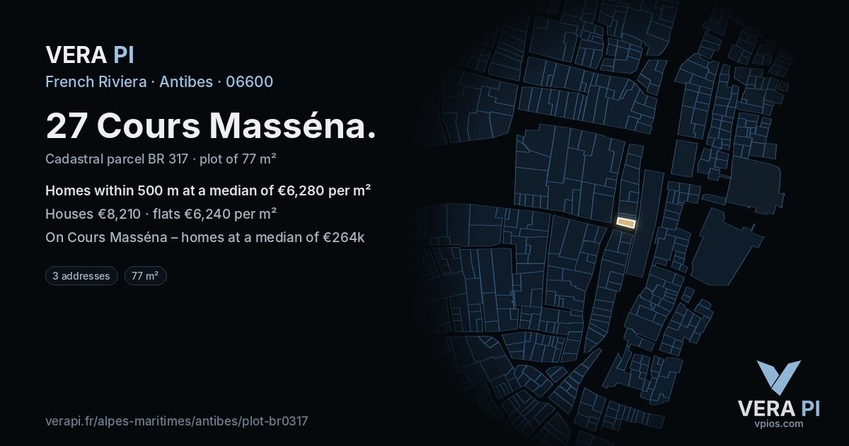27 Cours Masséna, Antibes at night – the plot lit, the parcels around coloured by the prices near them