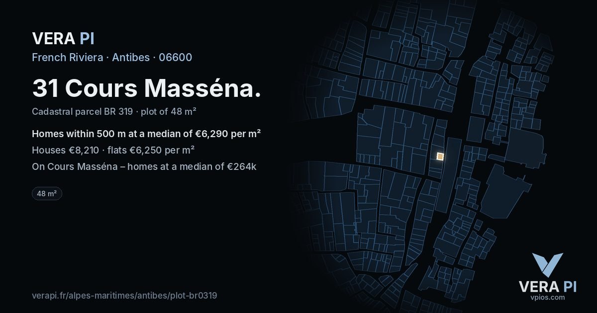 31 Cours Masséna, Antibes at night – the plot lit, the parcels around coloured by the prices near them