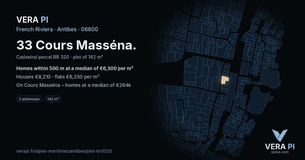 33 Cours Masséna, Antibes at night – the plot lit, the parcels around coloured by the prices near them