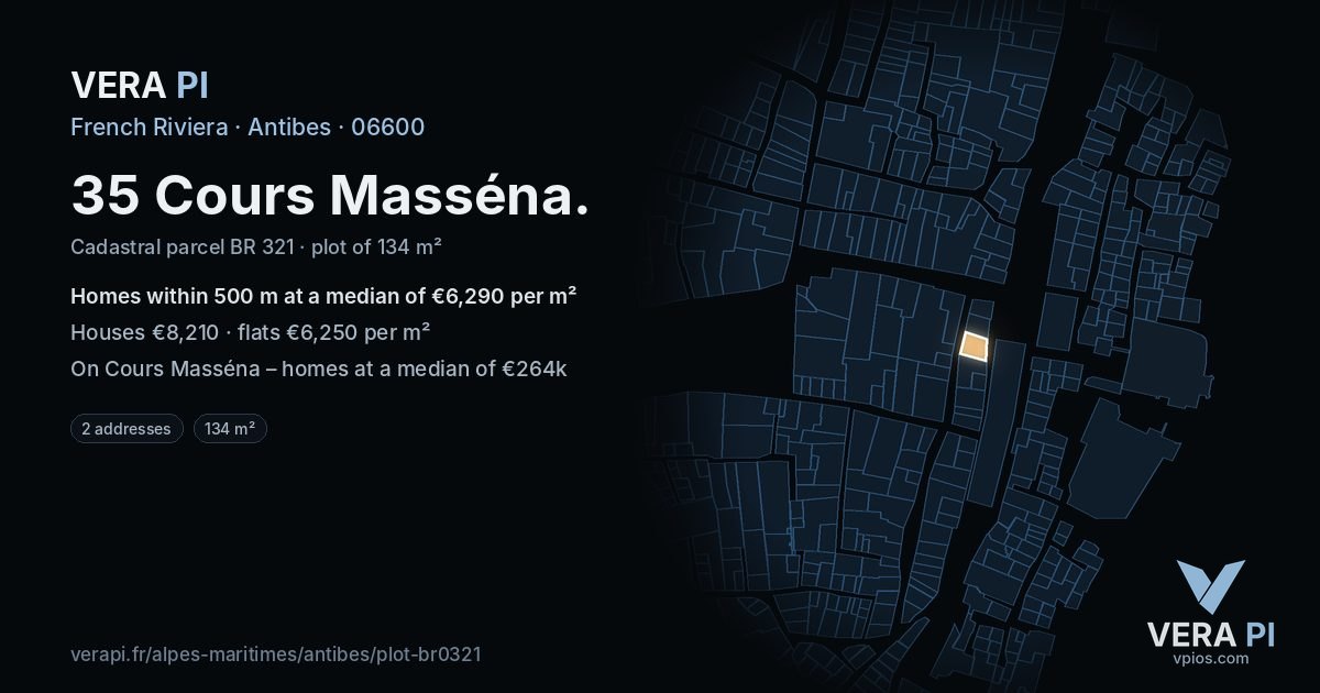 35 Cours Masséna, Antibes at night – the plot lit, the parcels around coloured by the prices near them