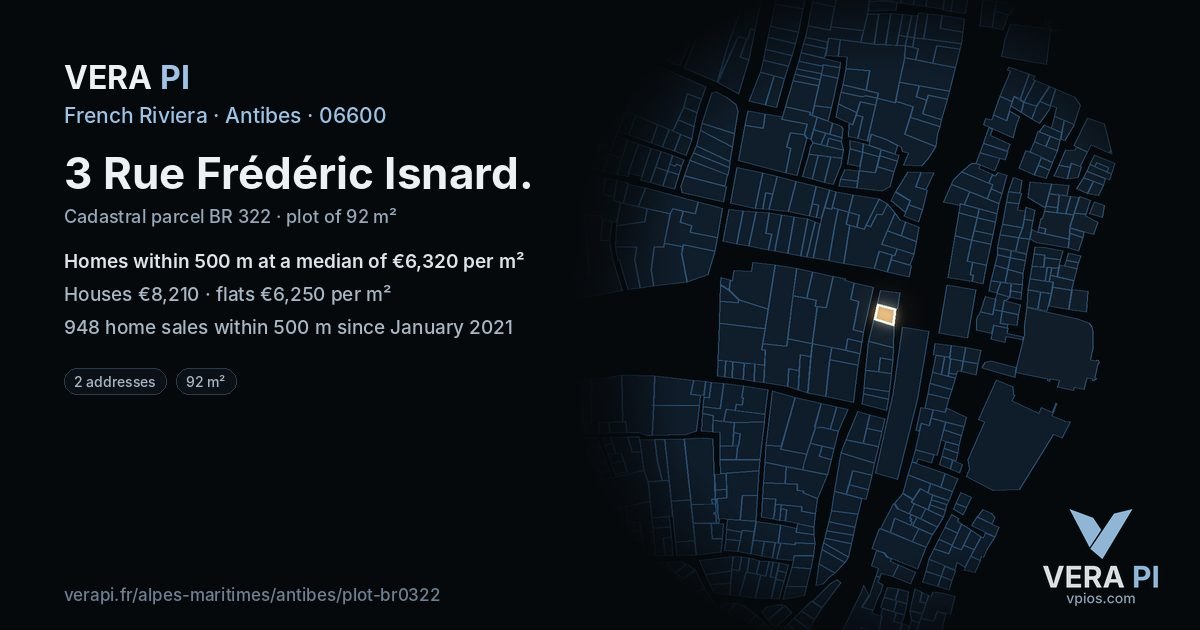 3 Rue Frédéric Isnard, Antibes at night – the plot lit, the parcels around coloured by the prices near them