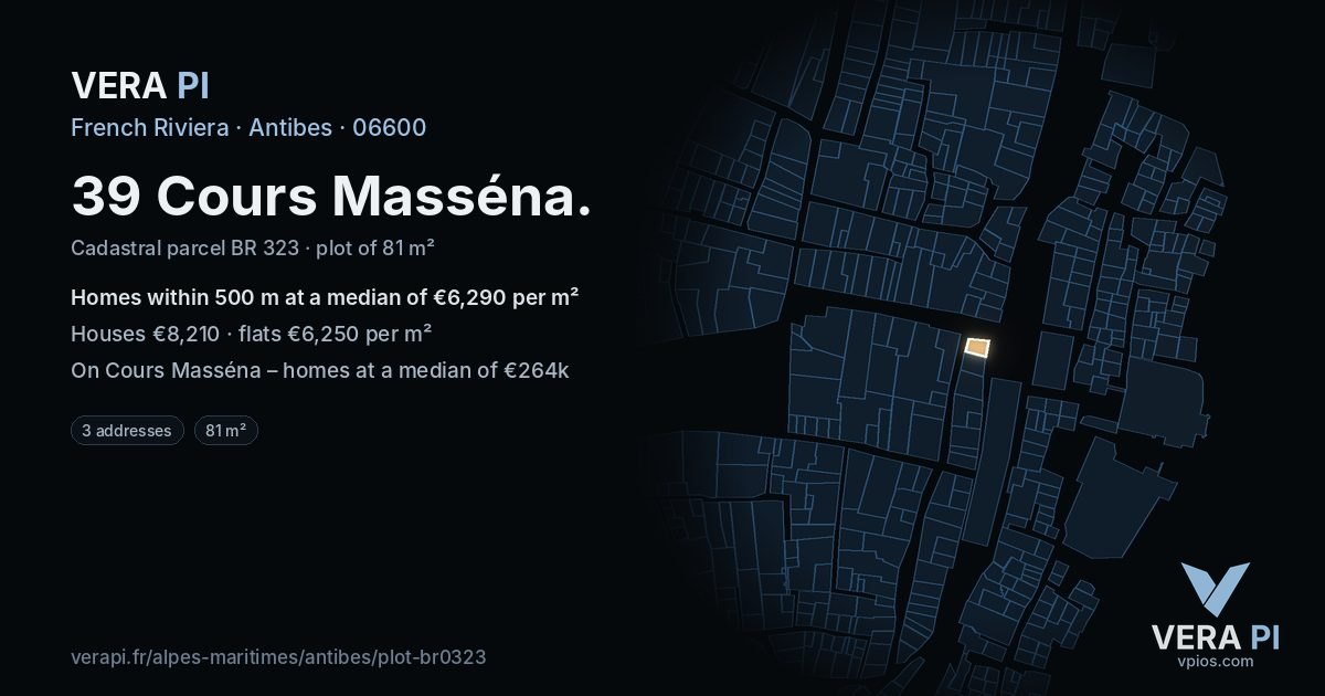 39 Cours Masséna, Antibes at night – the plot lit, the parcels around coloured by the prices near them