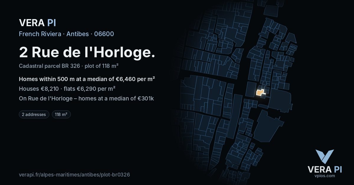 2 Rue de l'Horloge, Antibes at night – the plot lit, the parcels around coloured by the prices near them
