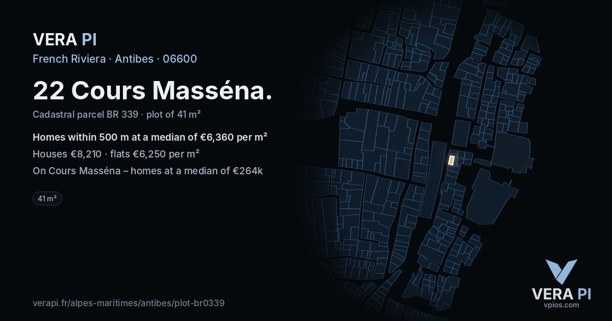 22 Cours Masséna, Antibes at night – the plot lit, the parcels around coloured by the prices near them