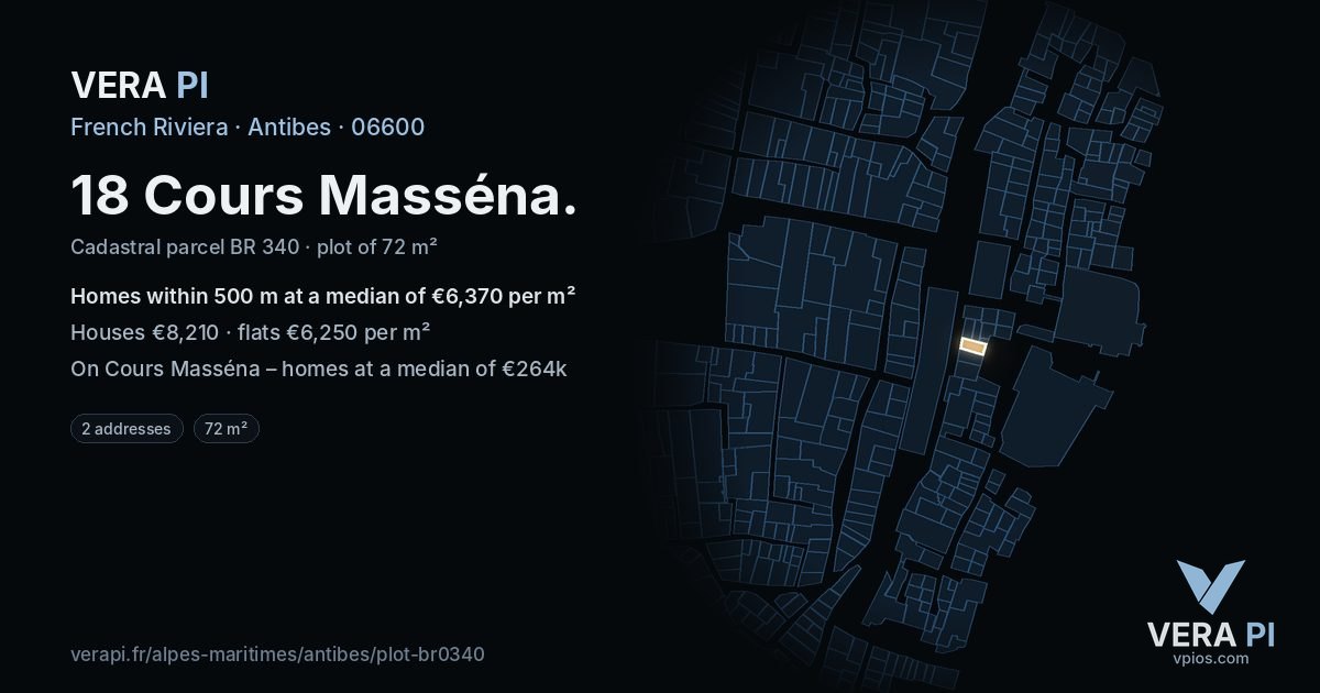 18 Cours Masséna, Antibes at night – the plot lit, the parcels around coloured by the prices near them