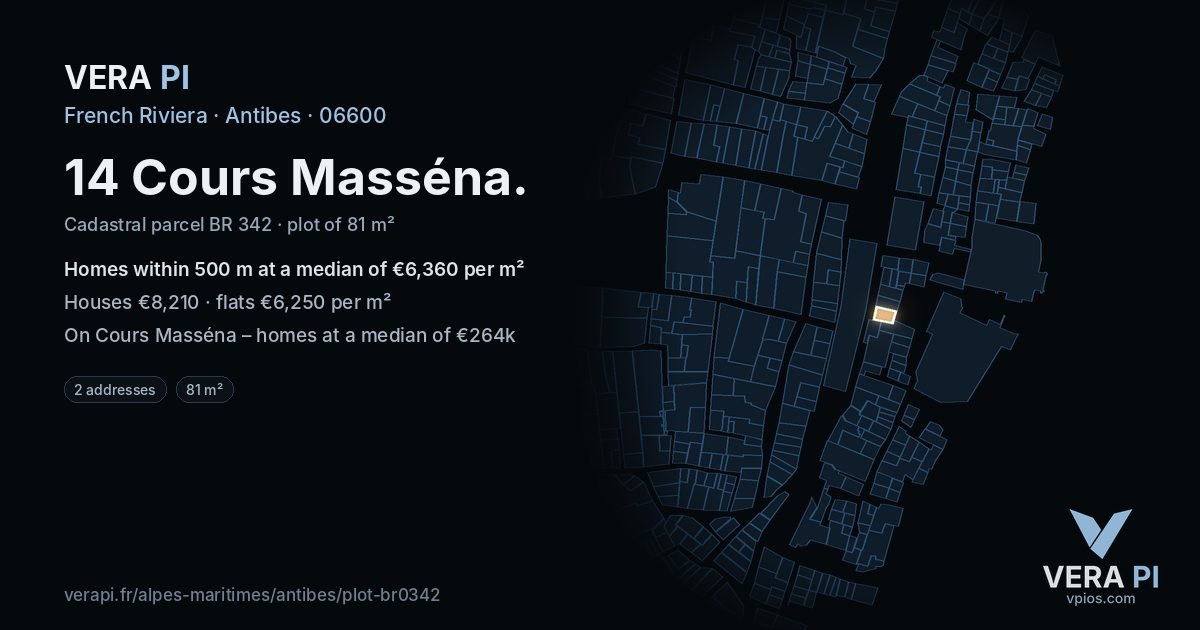 14 Cours Masséna, Antibes at night – the plot lit, the parcels around coloured by the prices near them