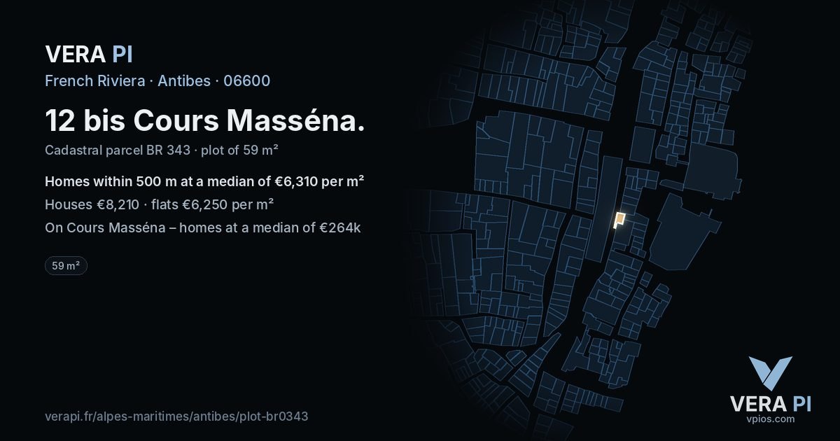 12 bis Cours Masséna, Antibes at night – the plot lit, the parcels around coloured by the prices near them