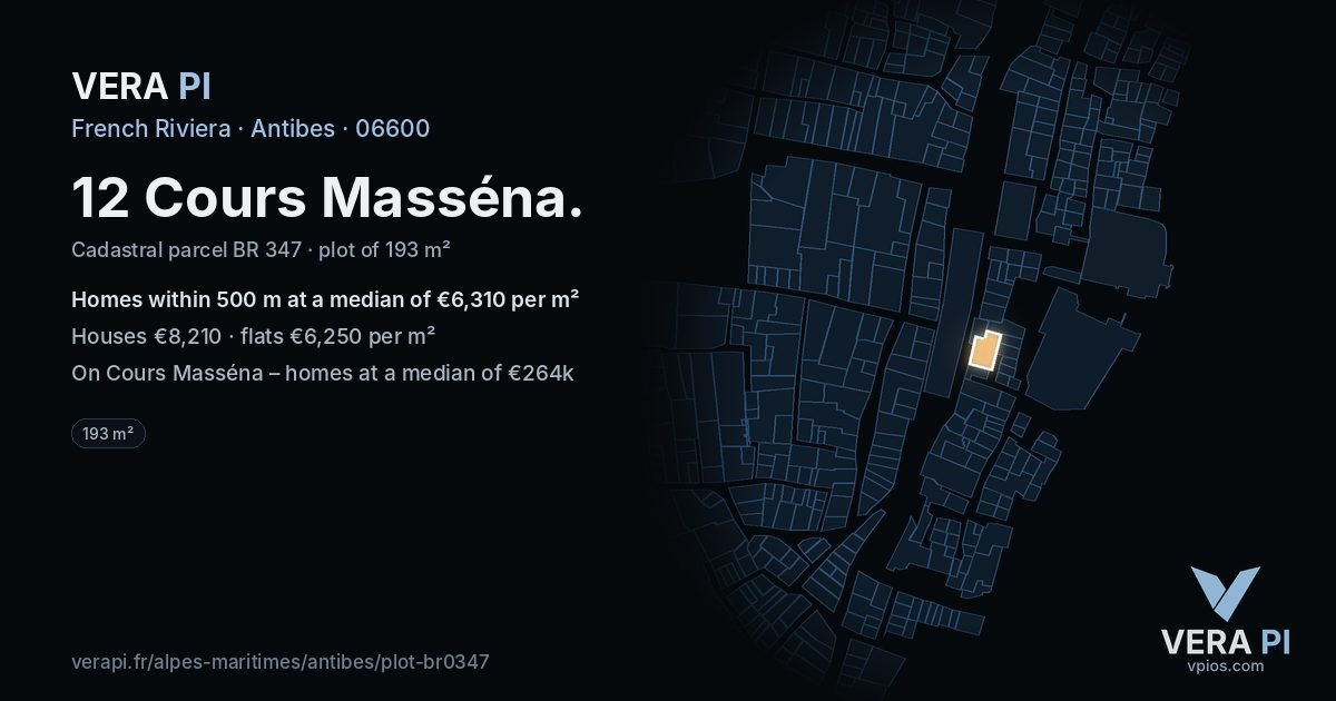 12 Cours Masséna, Antibes at night – the plot lit, the parcels around coloured by the prices near them