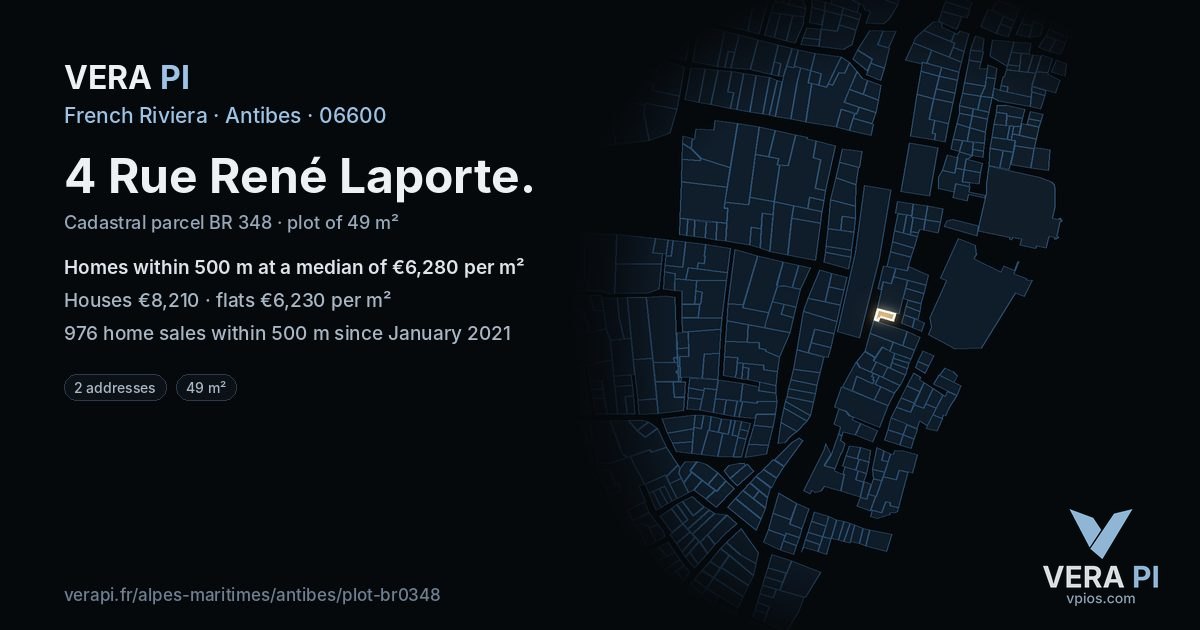 4 Rue René Laporte, Antibes at night – the plot lit, the parcels around coloured by the prices near them