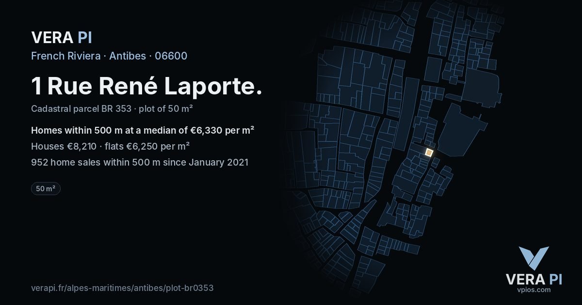 1 Rue René Laporte, Antibes at night – the plot lit, the parcels around coloured by the prices near them