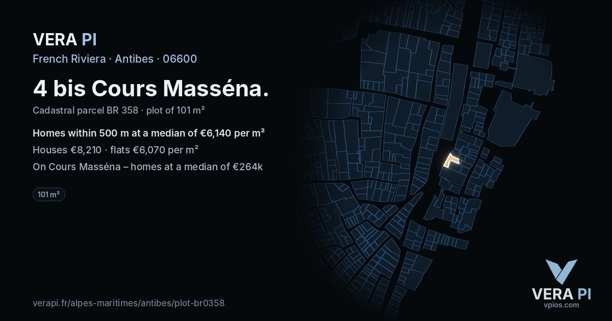 4 bis Cours Masséna, Antibes at night – the plot lit, the parcels around coloured by the prices near them