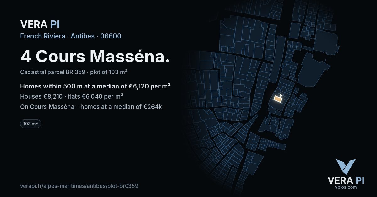 4 Cours Masséna, Antibes at night – the plot lit, the parcels around coloured by the prices near them