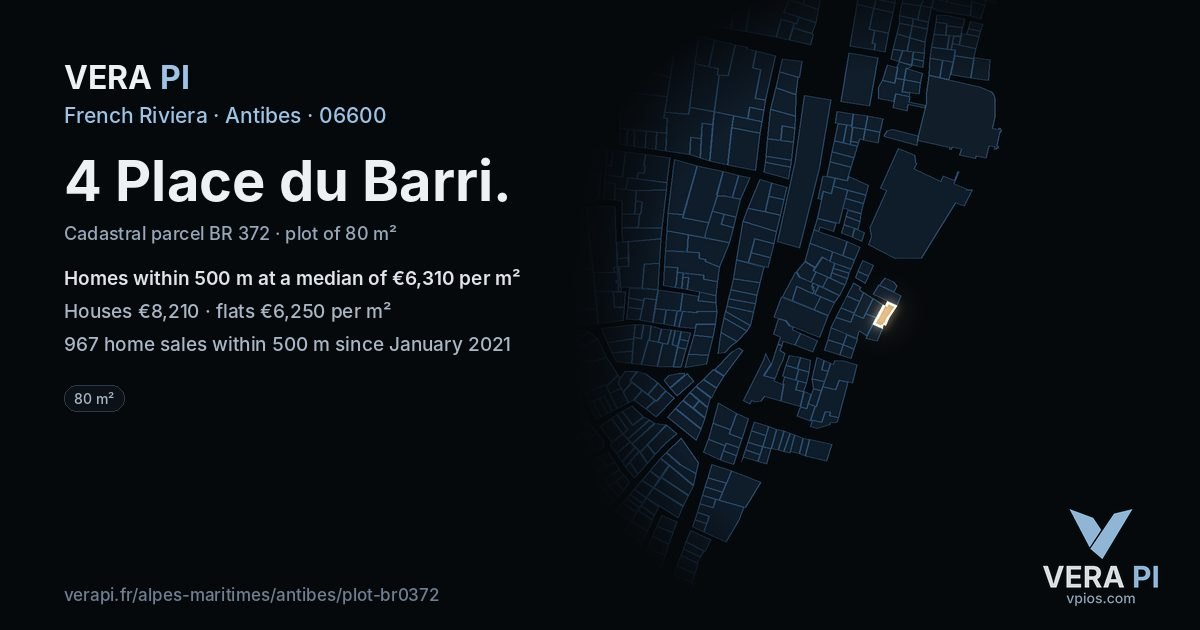 4 Place du Barri, Antibes at night – the plot lit, the parcels around coloured by the prices near them