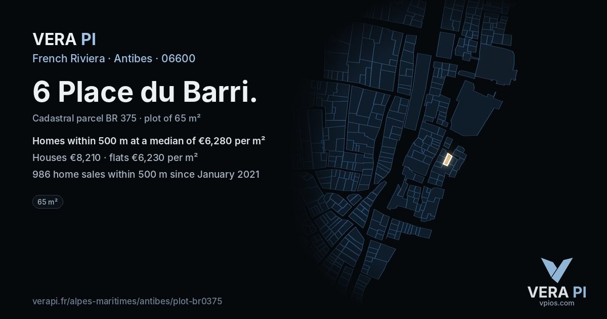 6 Place du Barri, Antibes at night – the plot lit, the parcels around coloured by the prices near them
