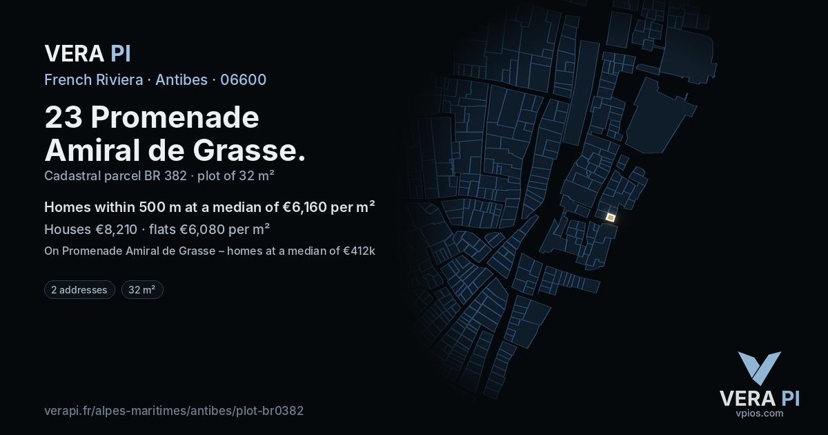 23 Promenade Amiral de Grasse, Antibes at night – the plot lit, the parcels around coloured by the prices near them