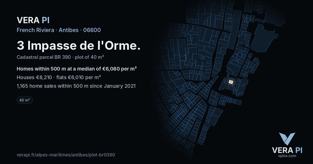 3 Impasse de l'Orme, Antibes at night – the plot lit, the parcels around coloured by the prices near them