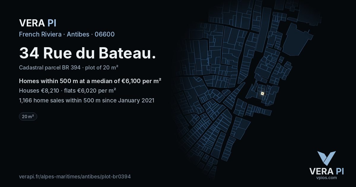 34 Rue du Bateau, Antibes at night – the plot lit, the parcels around coloured by the prices near them