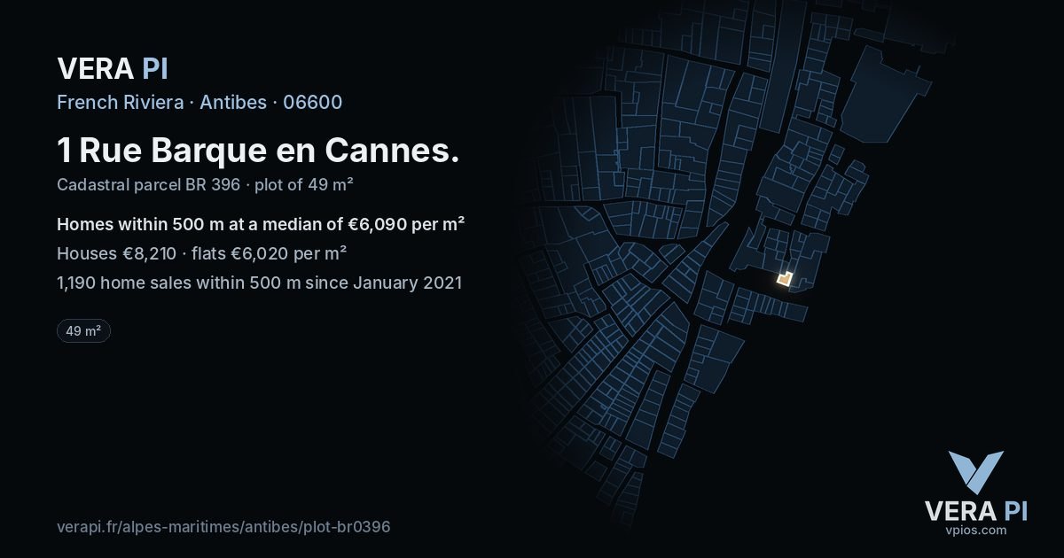 1 Rue Barque en Cannes, Antibes at night – the plot lit, the parcels around coloured by the prices near them