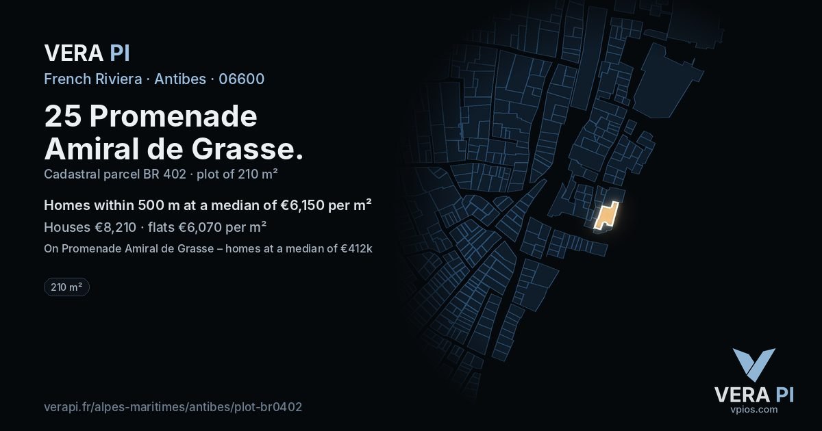 25 Promenade Amiral de Grasse, Antibes at night – the plot lit, the parcels around coloured by the prices near them