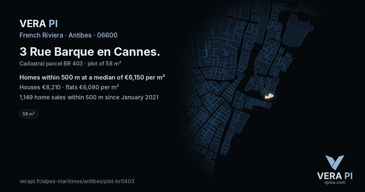 3 Rue Barque en Cannes, Antibes at night – the plot lit, the parcels around coloured by the prices near them