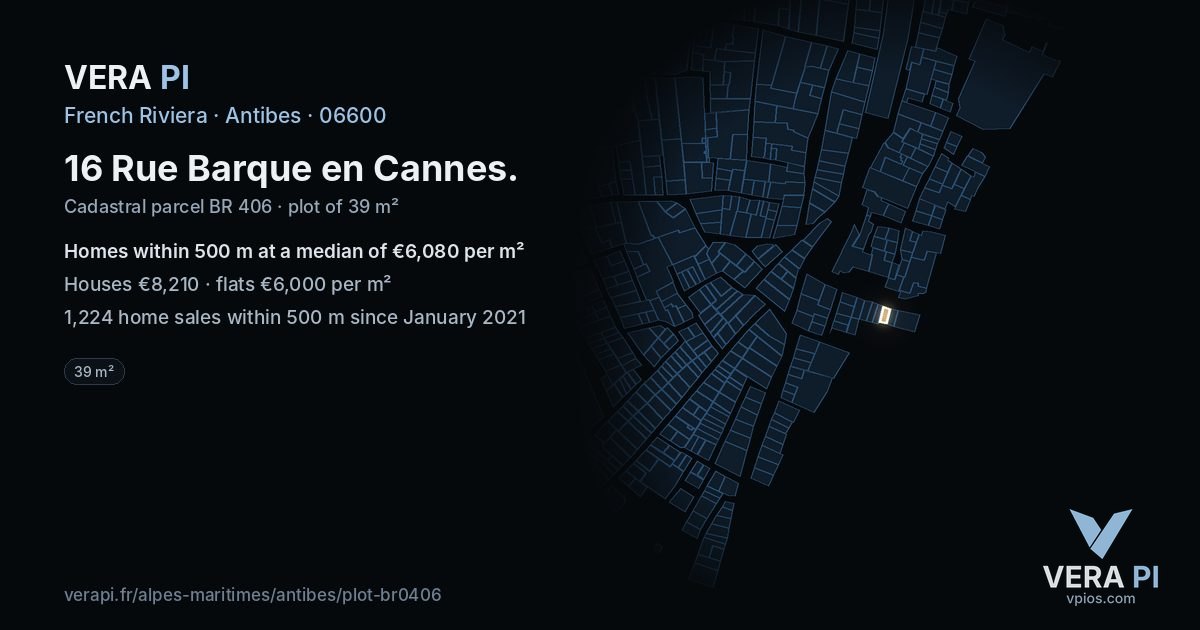 16 Rue Barque en Cannes, Antibes at night – the plot lit, the parcels around coloured by the prices near them