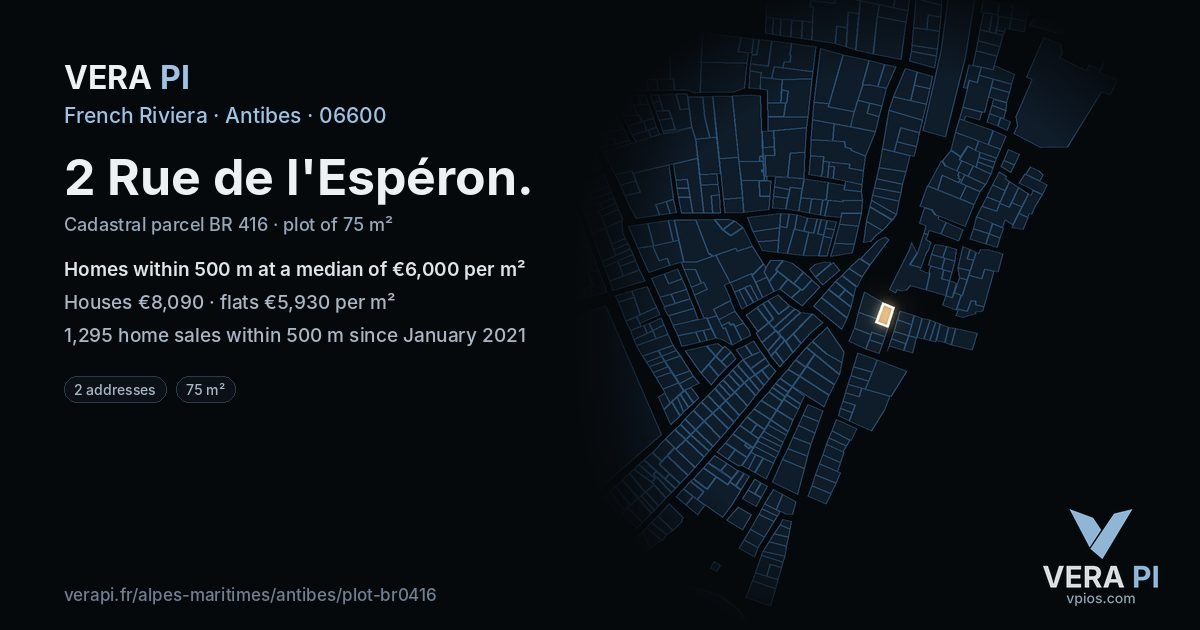 2 Rue de l'Espéron, Antibes at night – the plot lit, the parcels around coloured by the prices near them