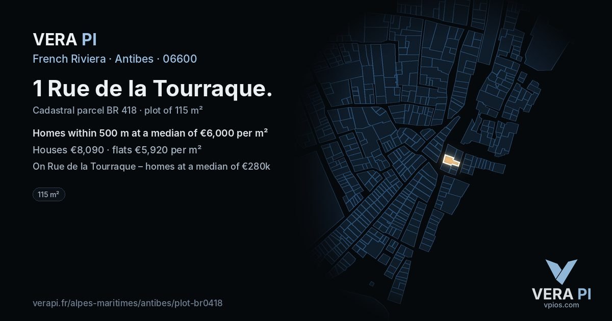 1 Rue de la Tourraque, Antibes at night – the plot lit, the parcels around coloured by the prices near them