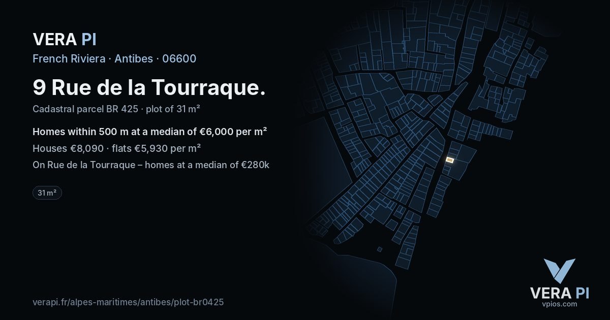 9 Rue de la Tourraque, Antibes at night – the plot lit, the parcels around coloured by the prices near them