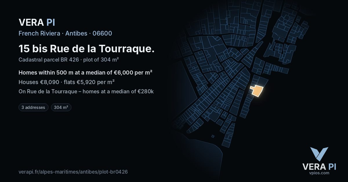 15 bis Rue de la Tourraque, Antibes at night – the plot lit, the parcels around coloured by the prices near them