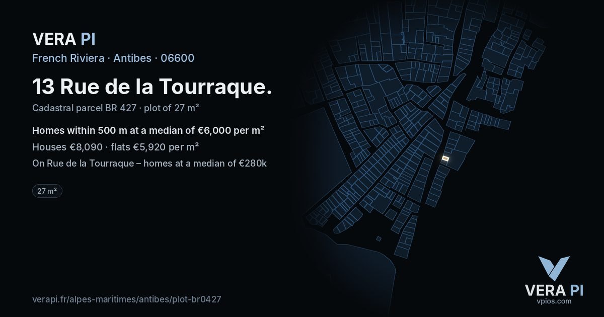13 Rue de la Tourraque, Antibes at night – the plot lit, the parcels around coloured by the prices near them