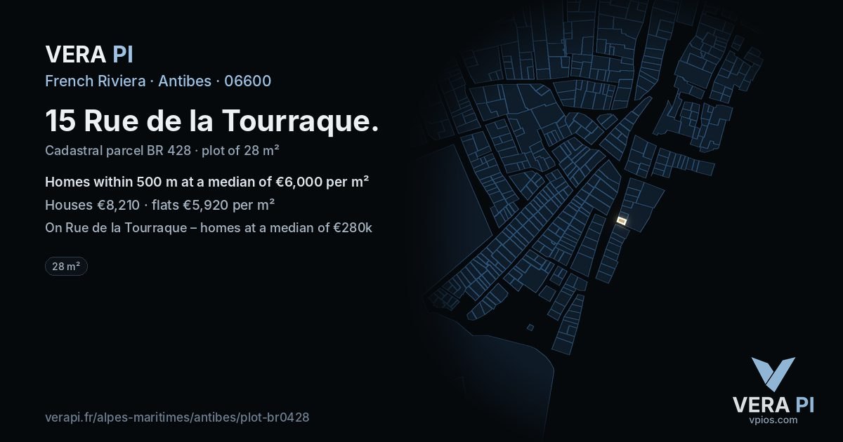15 Rue de la Tourraque, Antibes at night – the plot lit, the parcels around coloured by the prices near them