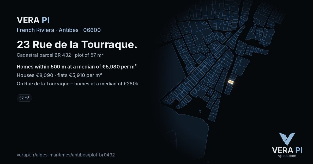 23 Rue de la Tourraque, Antibes at night – the plot lit, the parcels around coloured by the prices near them