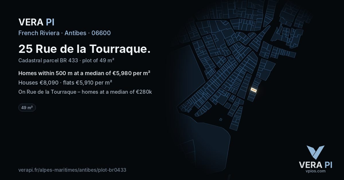 25 Rue de la Tourraque, Antibes at night – the plot lit, the parcels around coloured by the prices near them