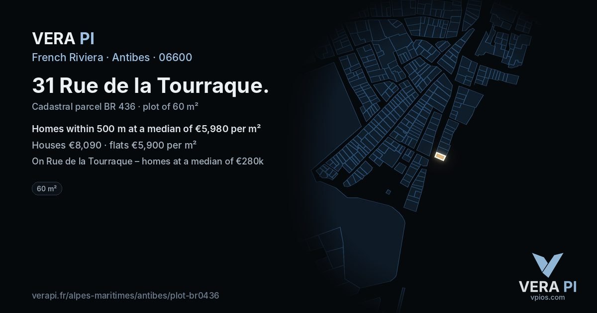 31 Rue de la Tourraque, Antibes at night – the plot lit, the parcels around coloured by the prices near them