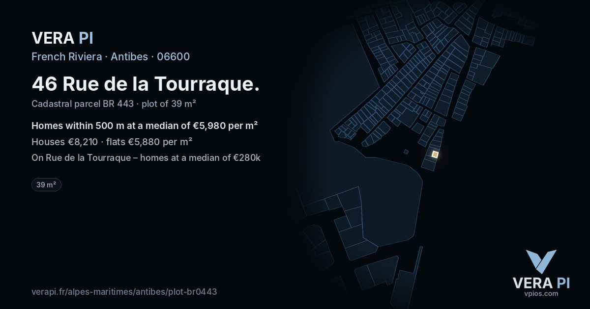 46 Rue de la Tourraque, Antibes at night – the plot lit, the parcels around coloured by the prices near them