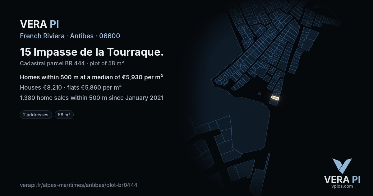15 Impasse de la Tourraque, Antibes at night – the plot lit, the parcels around coloured by the prices near them