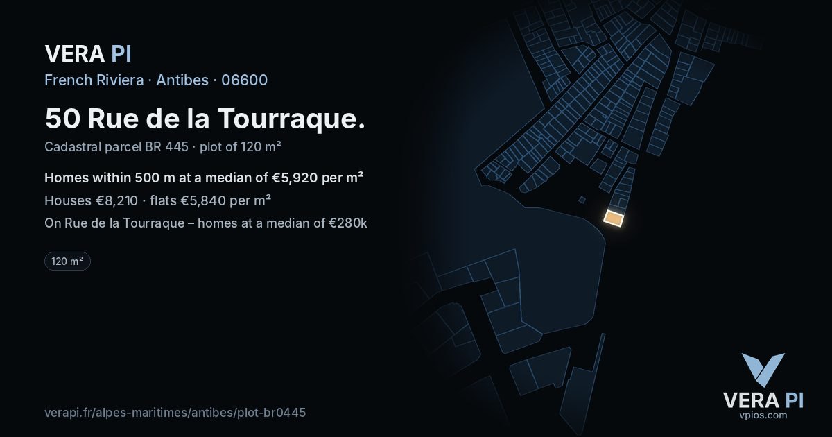 50 Rue de la Tourraque, Antibes at night – the plot lit, the parcels around coloured by the prices near them