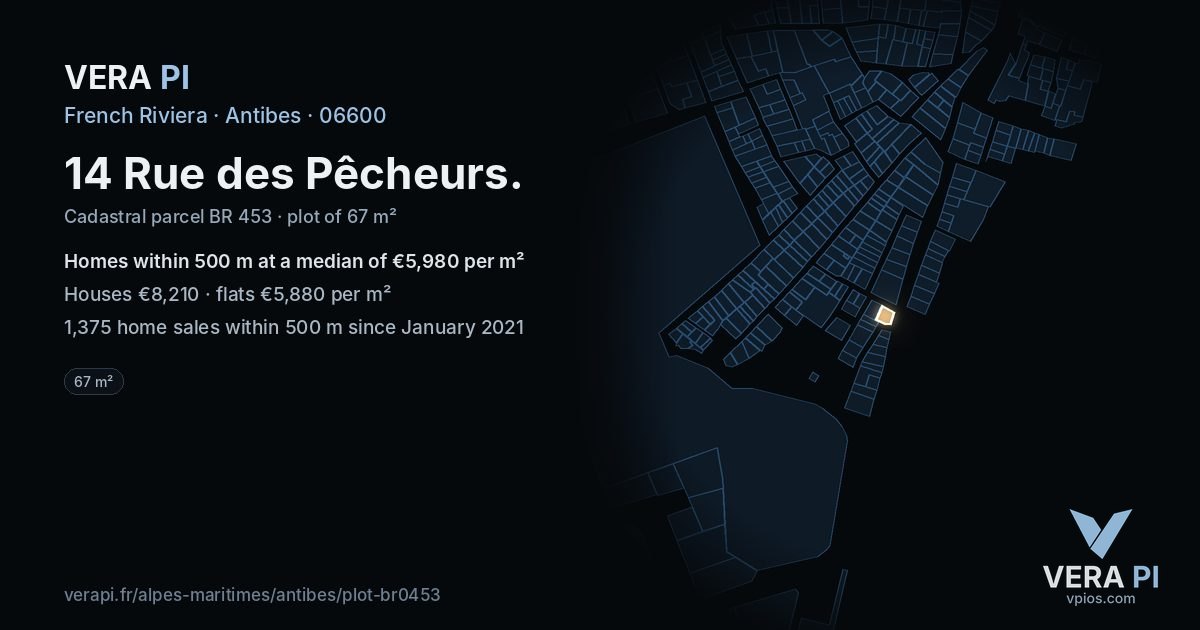 14 Rue des Pêcheurs, Antibes at night – the plot lit, the parcels around coloured by the prices near them