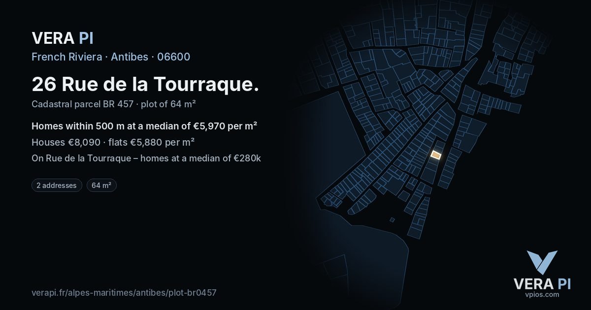 26 Rue de la Tourraque, Antibes at night – the plot lit, the parcels around coloured by the prices near them