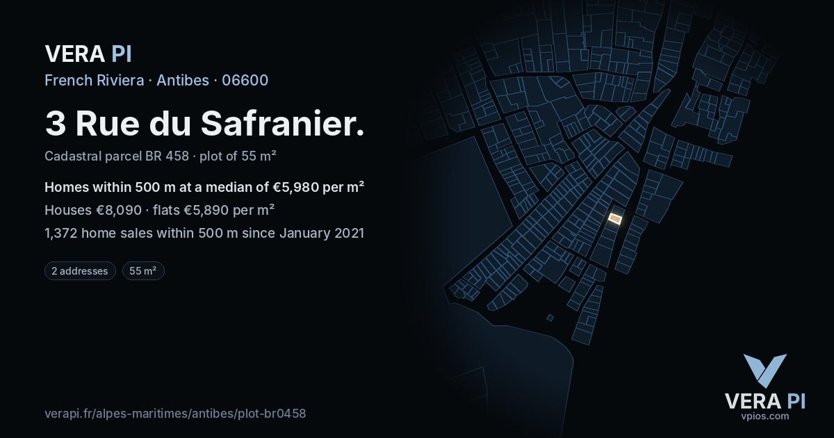 3 Rue du Safranier, Antibes at night – the plot lit, the parcels around coloured by the prices near them